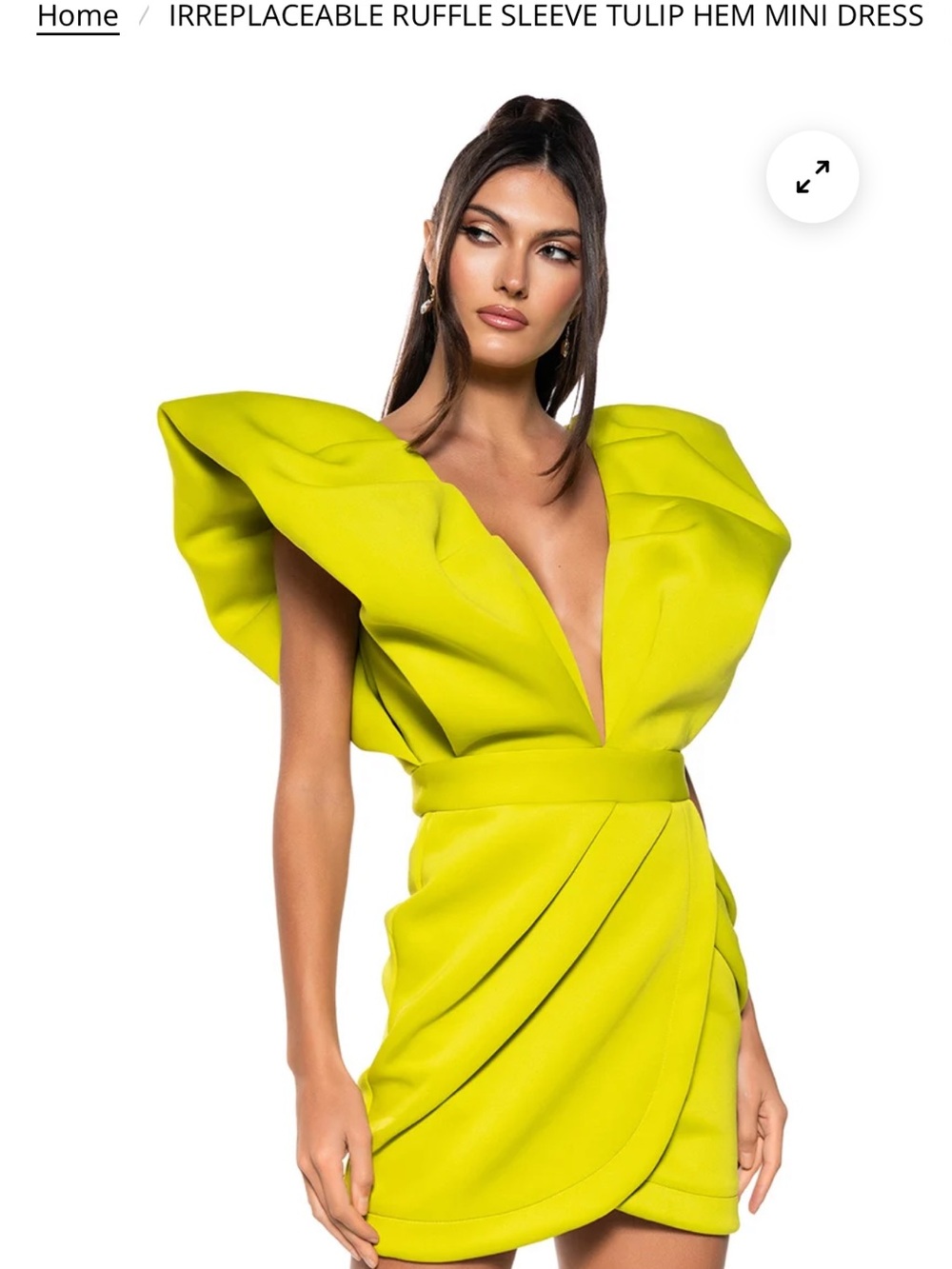 AKIRA Neon Lime Ruffle-Sleeve Tulip-Hem Mini Dress